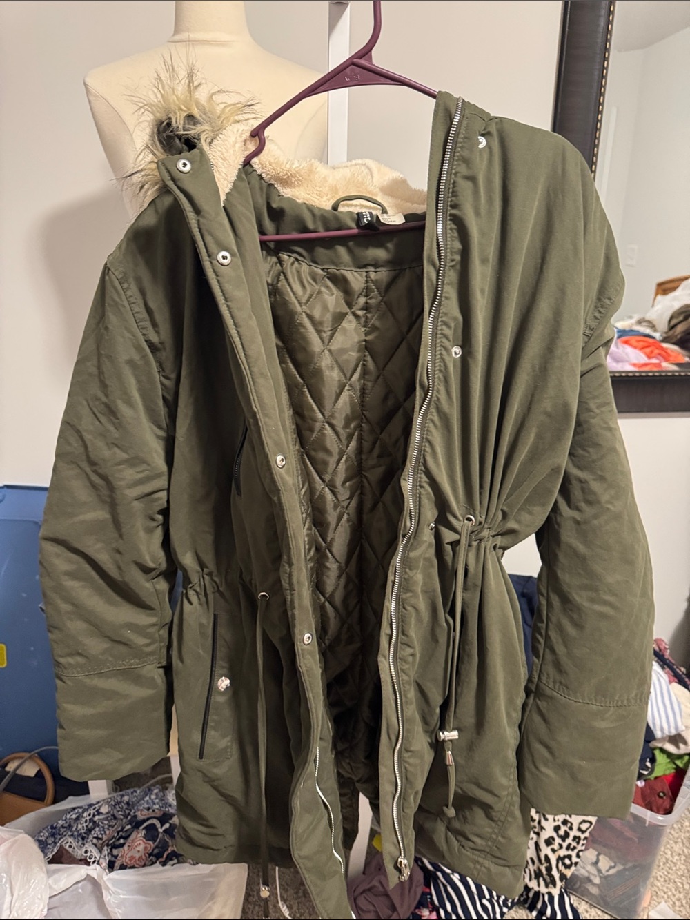 Divided Olive Green Puffer Parka with Faux Fur Trim